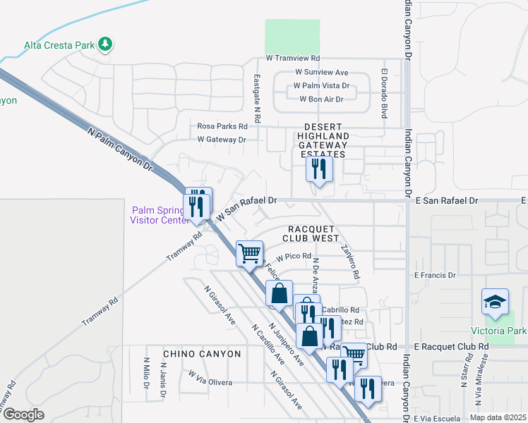map of restaurants, bars, coffee shops, grocery stores, and more near 550 North Villa Court in Palm Springs