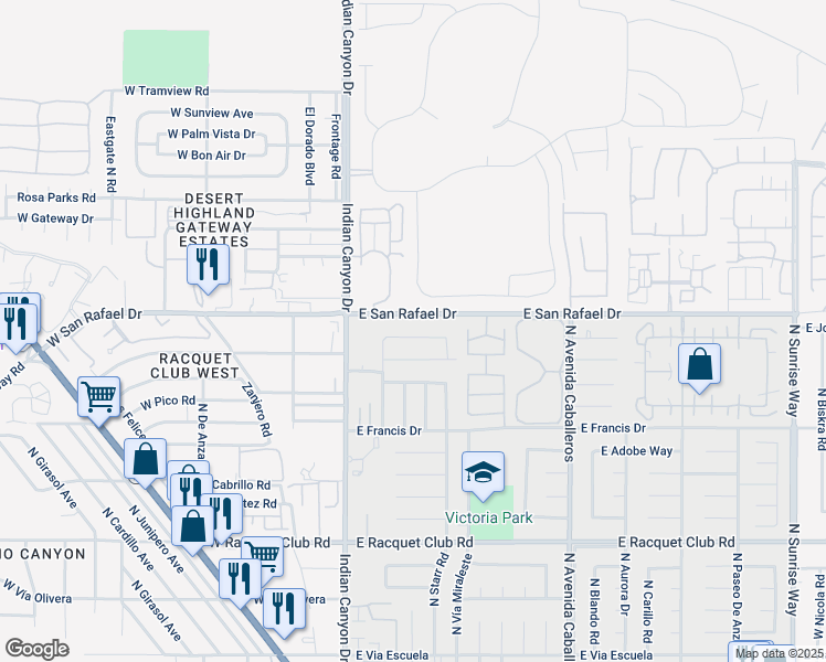 map of restaurants, bars, coffee shops, grocery stores, and more near 466 East Molino Road in Palm Springs