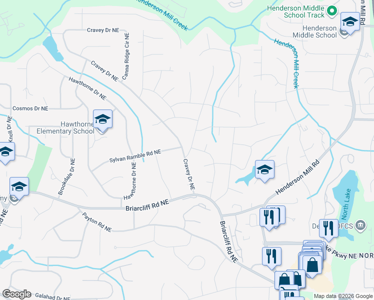 map of restaurants, bars, coffee shops, grocery stores, and more near 2495 Cravey Drive Northeast in Atlanta