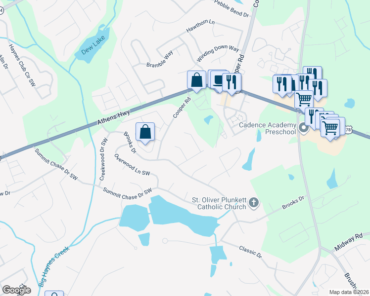 map of restaurants, bars, coffee shops, grocery stores, and more near 1185 Summit Point Lane in Snellville