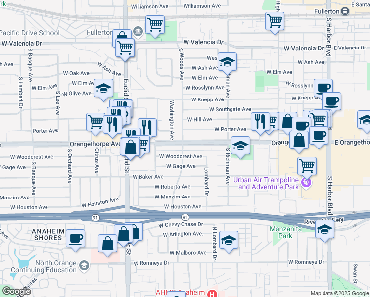 map of restaurants, bars, coffee shops, grocery stores, and more near 642 West Orangethorpe Avenue in Fullerton