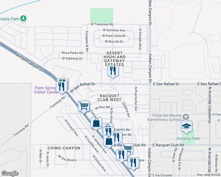 map of restaurants, bars, coffee shops, grocery stores, and more near 420 North Villa Court in Palm Springs