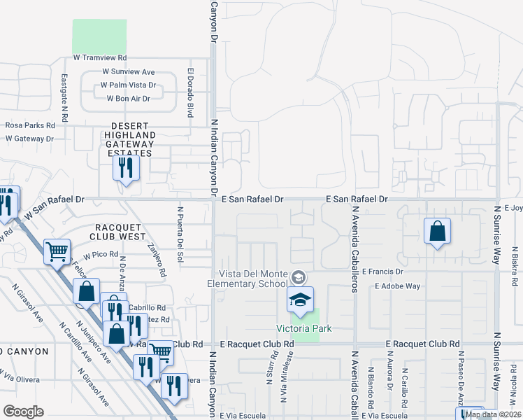 map of restaurants, bars, coffee shops, grocery stores, and more near 445 East San Rafael Drive in Palm Springs