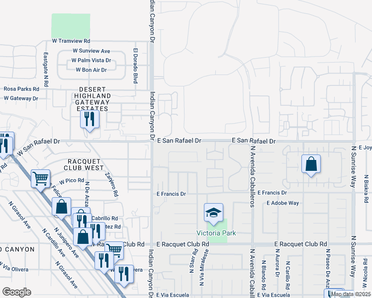 map of restaurants, bars, coffee shops, grocery stores, and more near 490 East Molino Road in Palm Springs