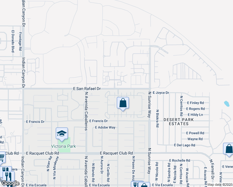 map of restaurants, bars, coffee shops, grocery stores, and more near 1346 Sunflower Circle East in Palm Springs