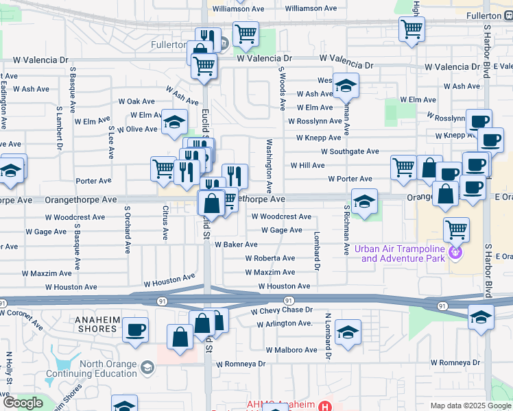 map of restaurants, bars, coffee shops, grocery stores, and more near 742 West Orangethorpe Avenue in Fullerton