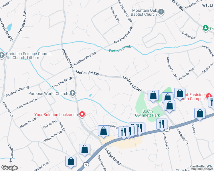 map of restaurants, bars, coffee shops, grocery stores, and more near 1980 Lisa Springs Drive Southwest in Snellville