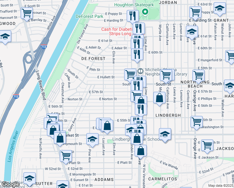 map of restaurants, bars, coffee shops, grocery stores, and more near 416 East 57th Street in Long Beach