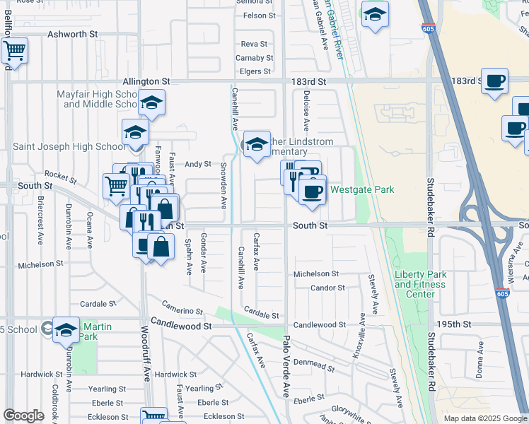 map of restaurants, bars, coffee shops, grocery stores, and more near 6312 Charlwood Street in Lakewood
