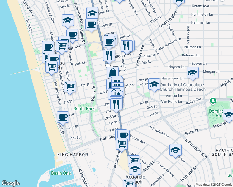 map of restaurants, bars, coffee shops, grocery stores, and more near 524 East Pacific Coast Highway in Hermosa Beach