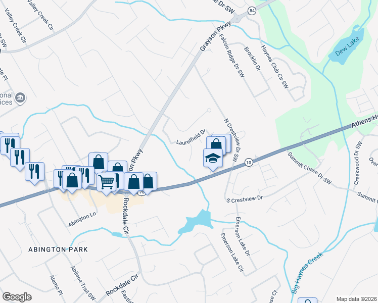 map of restaurants, bars, coffee shops, grocery stores, and more near 2657 Downingwood Lane Southwest in Grayson