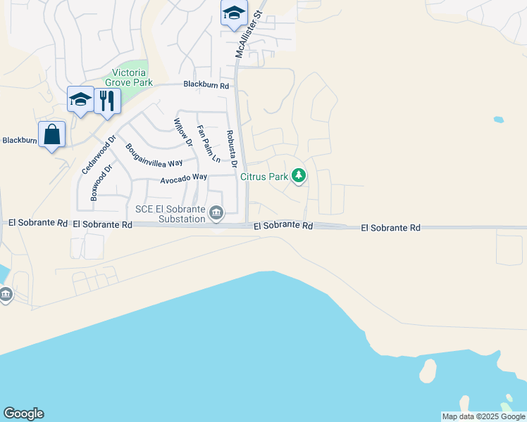 map of restaurants, bars, coffee shops, grocery stores, and more near 17950 Anderson Valley Court in Riverside