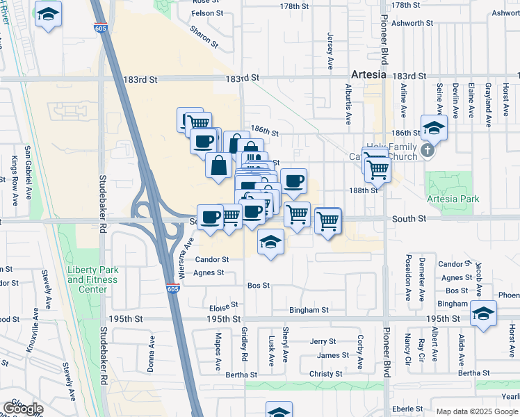 map of restaurants, bars, coffee shops, grocery stores, and more near 11421 South Street in Cerritos