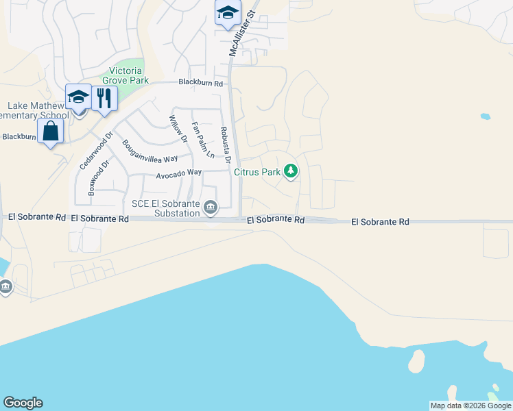 map of restaurants, bars, coffee shops, grocery stores, and more near 17885 McAllister Street in Riverside