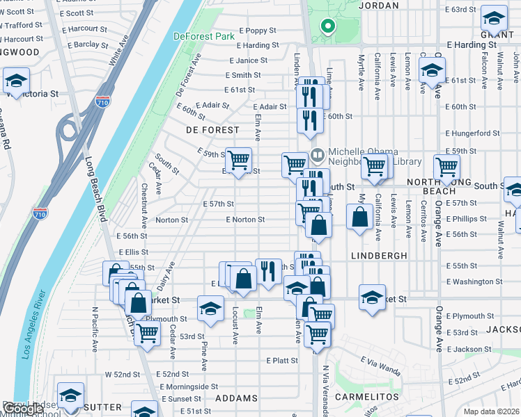 map of restaurants, bars, coffee shops, grocery stores, and more near 417 East 57th Street in Long Beach