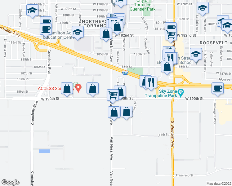 map of restaurants, bars, coffee shops, grocery stores, and more near 18913 Haas Avenue in Torrance