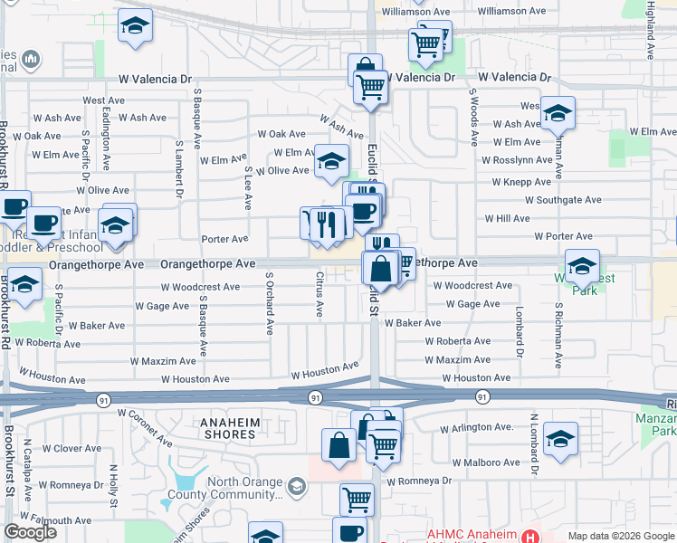 map of restaurants, bars, coffee shops, grocery stores, and more near 1330 Clementine Way in Fullerton