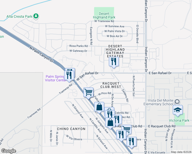 map of restaurants, bars, coffee shops, grocery stores, and more near 550 North Villa Court in Palm Springs