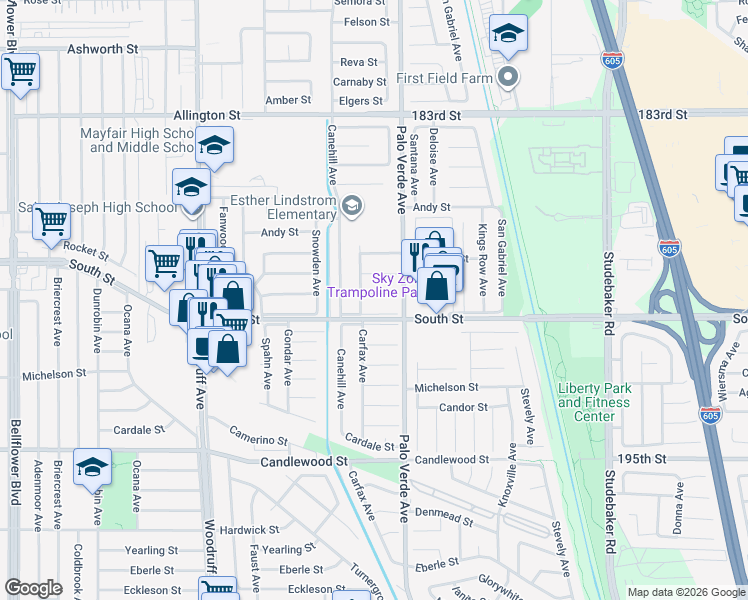 map of restaurants, bars, coffee shops, grocery stores, and more near 6312 Charlwood Street in Lakewood