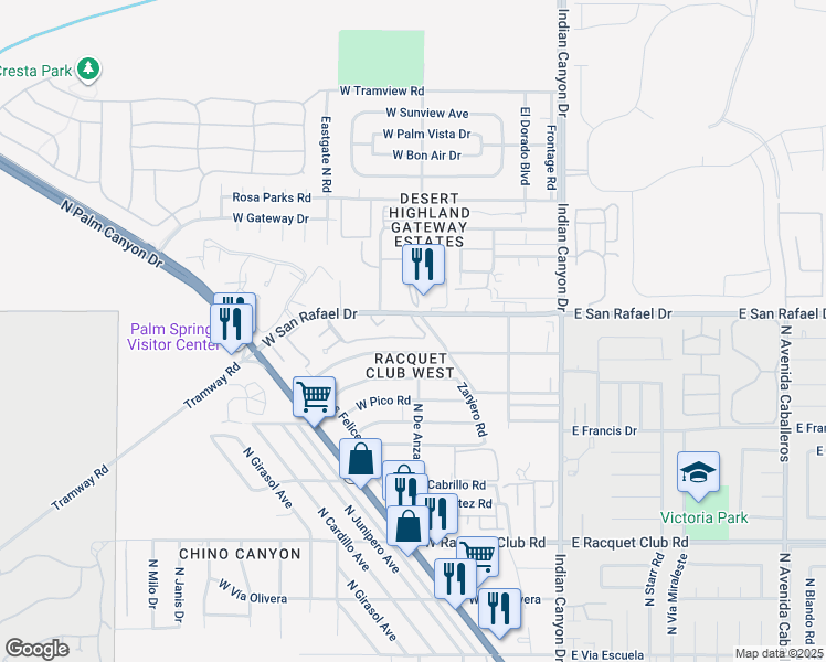 map of restaurants, bars, coffee shops, grocery stores, and more near 420 North Villa Court in Palm Springs