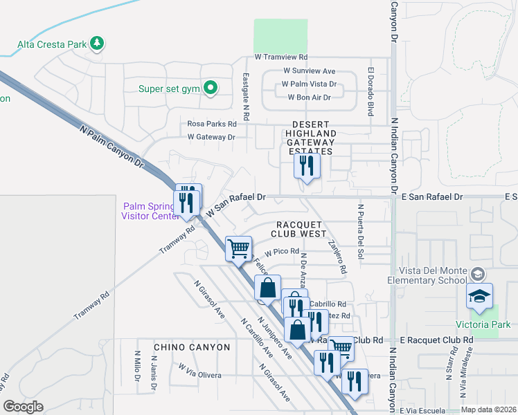 map of restaurants, bars, coffee shops, grocery stores, and more near 550 North Villa Court in Palm Springs