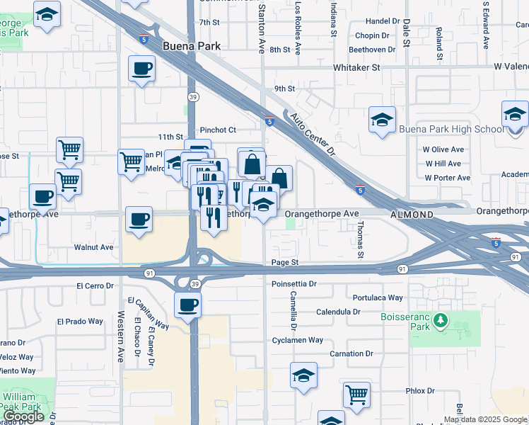 map of restaurants, bars, coffee shops, grocery stores, and more near Beach Boulevard in Buena Park