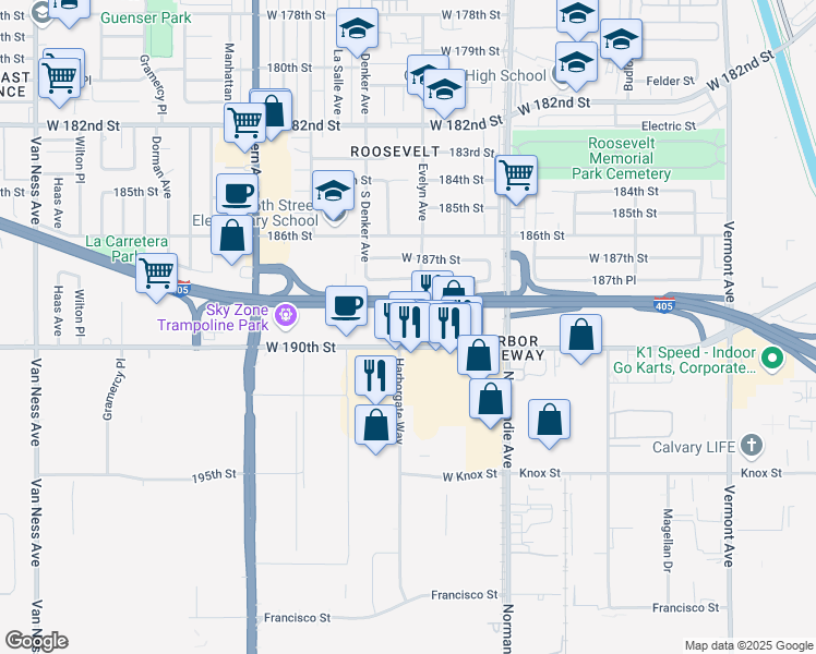 map of restaurants, bars, coffee shops, grocery stores, and more near 1411 West 190th Street in Gardena