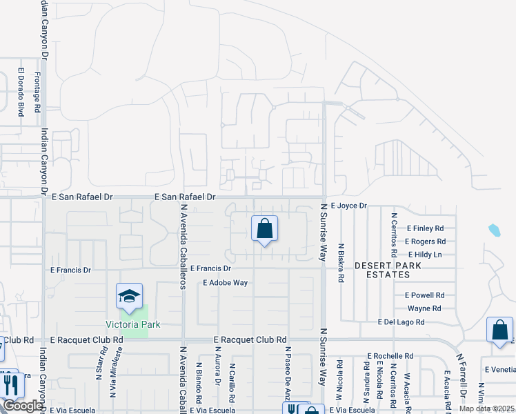 map of restaurants, bars, coffee shops, grocery stores, and more near 1346 Sunflower Circle East in Palm Springs