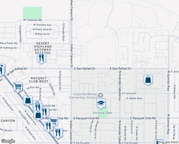map of restaurants, bars, coffee shops, grocery stores, and more near 445 East San Rafael Drive in Palm Springs