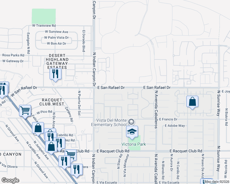 map of restaurants, bars, coffee shops, grocery stores, and more near 445 East San Rafael Drive in Palm Springs