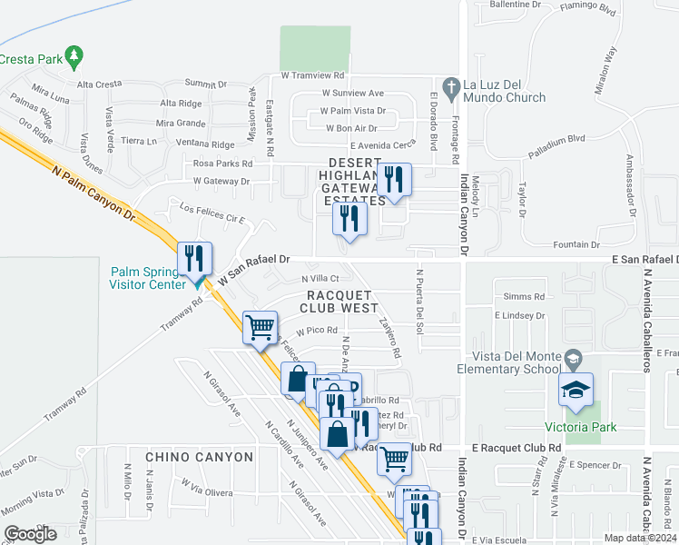 map of restaurants, bars, coffee shops, grocery stores, and more near 9420 North Villa Court in Palm Springs