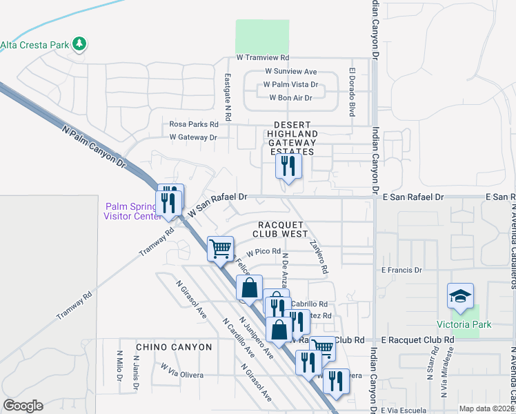 map of restaurants, bars, coffee shops, grocery stores, and more near 510 West San Rafael Drive in Palm Springs