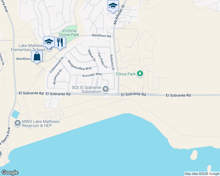map of restaurants, bars, coffee shops, grocery stores, and more near 17911 Robusta Drive in Riverside