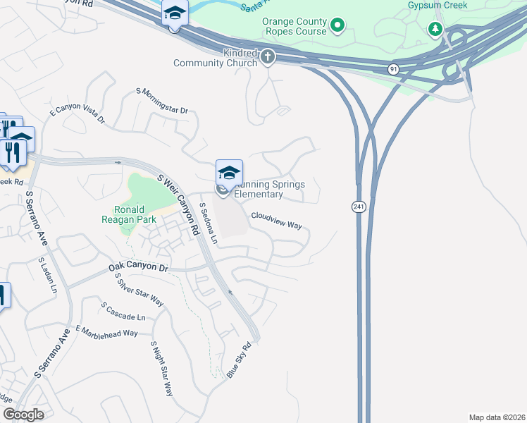 map of restaurants, bars, coffee shops, grocery stores, and more near 8754 East Banner Ridge Drive in Anaheim