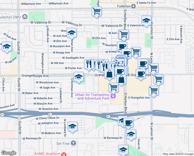 map of restaurants, bars, coffee shops, grocery stores, and more near in Fullerton