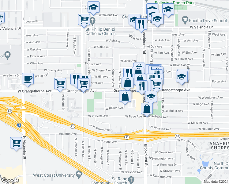 map of restaurants, bars, coffee shops, grocery stores, and more near 1117 South Cedar Avenue in Fullerton