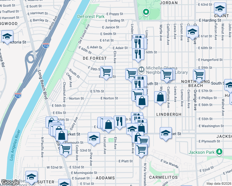 map of restaurants, bars, coffee shops, grocery stores, and more near 417 East 57th Street in Long Beach