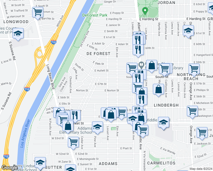 map of restaurants, bars, coffee shops, grocery stores, and more near 317 East 57th Street in Long Beach