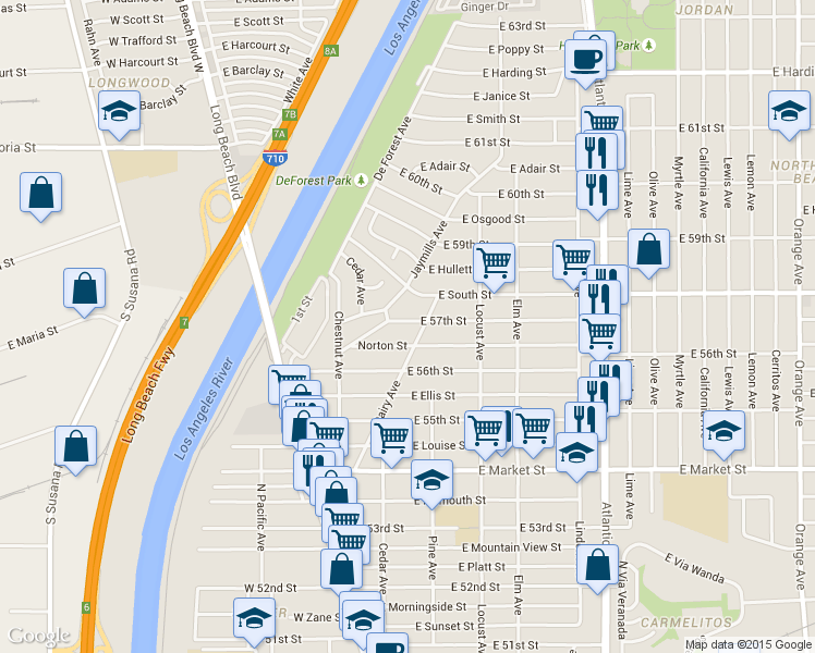 map of restaurants, bars, coffee shops, grocery stores, and more near 175 East 57th Street in Long Beach