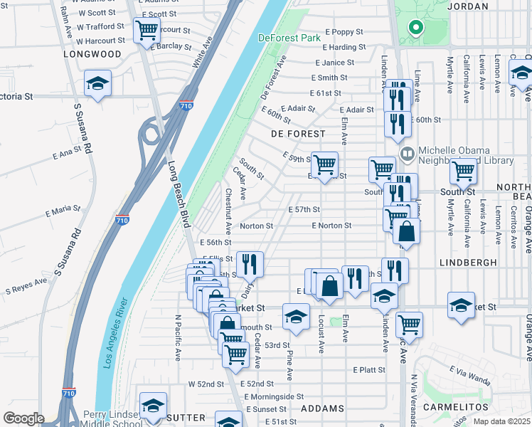 map of restaurants, bars, coffee shops, grocery stores, and more near 175 East 57th Street in Long Beach