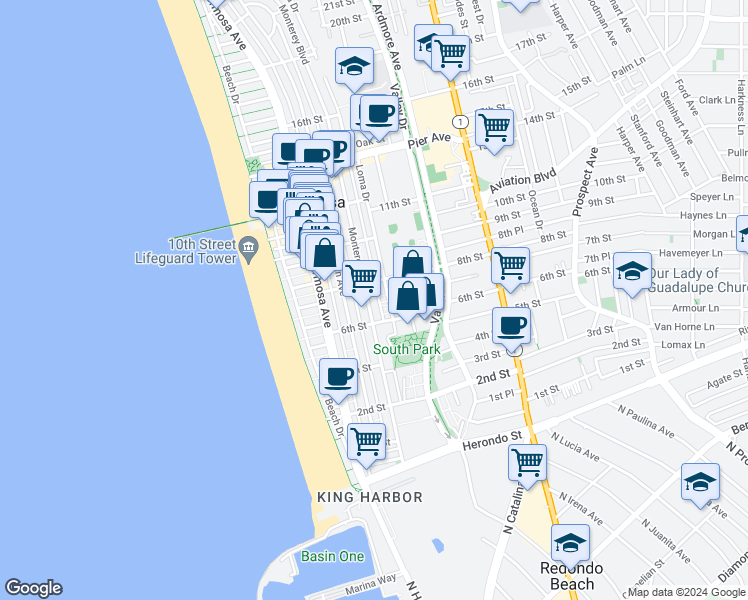 map of restaurants, bars, coffee shops, grocery stores, and more near 751 Loma Drive in Hermosa Beach