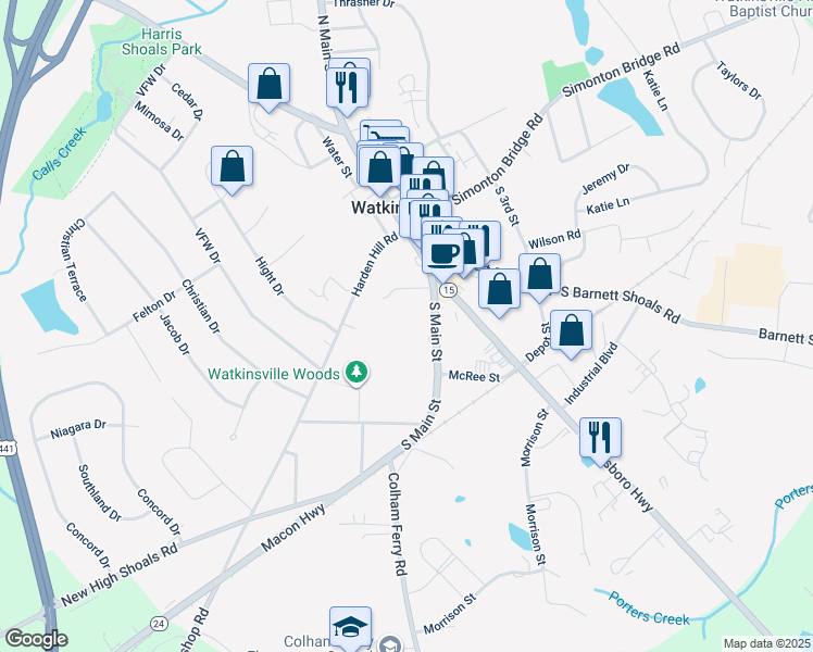 map of restaurants, bars, coffee shops, grocery stores, and more near 21 South Main Street in Watkinsville