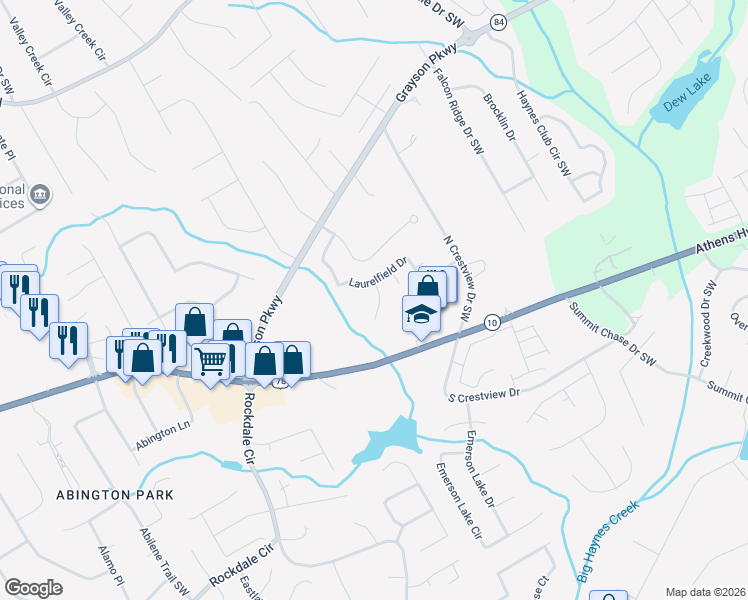 map of restaurants, bars, coffee shops, grocery stores, and more near 2657 Downingwood Lane Southwest in Grayson