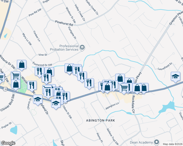 map of restaurants, bars, coffee shops, grocery stores, and more near 2082 Wicker Wood Way in Snellville