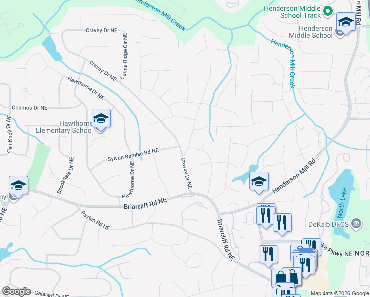 map of restaurants, bars, coffee shops, grocery stores, and more near 2495 Cravey Drive Northeast in Atlanta