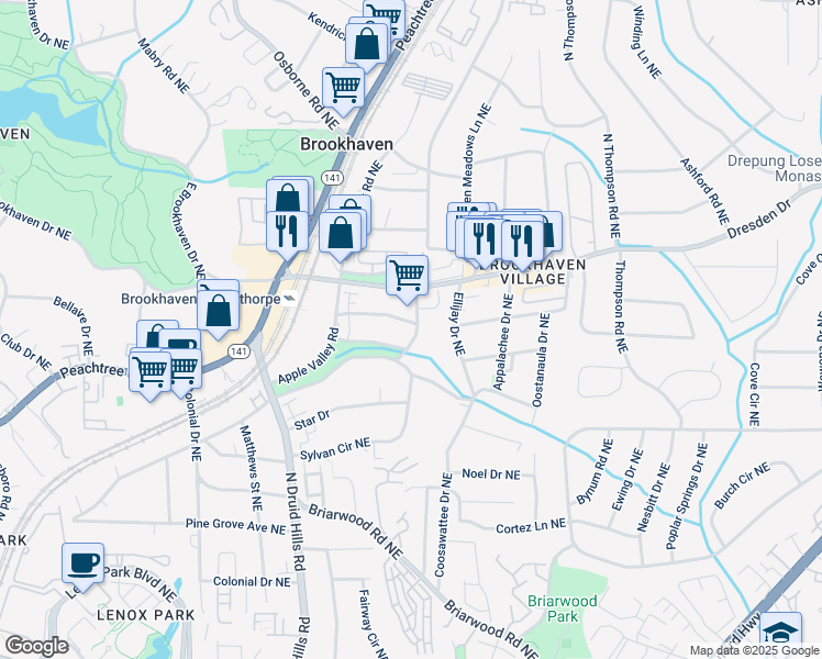 map of restaurants, bars, coffee shops, grocery stores, and more near 1354 Fernwood Circle Northeast in Atlanta