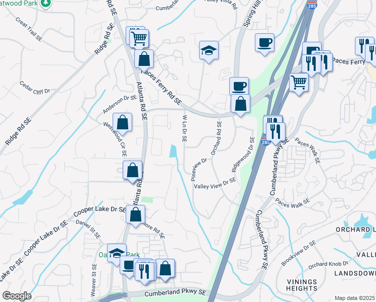 map of restaurants, bars, coffee shops, grocery stores, and more near 2279 Hills Lane Drive Southeast in Smyrna