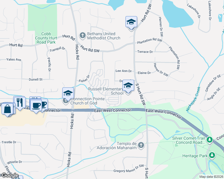 map of restaurants, bars, coffee shops, grocery stores, and more near 625 Aunt Lucy Lane in Smyrna