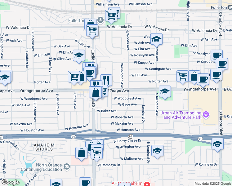 map of restaurants, bars, coffee shops, grocery stores, and more near 742 West Orangethorpe Avenue in Fullerton