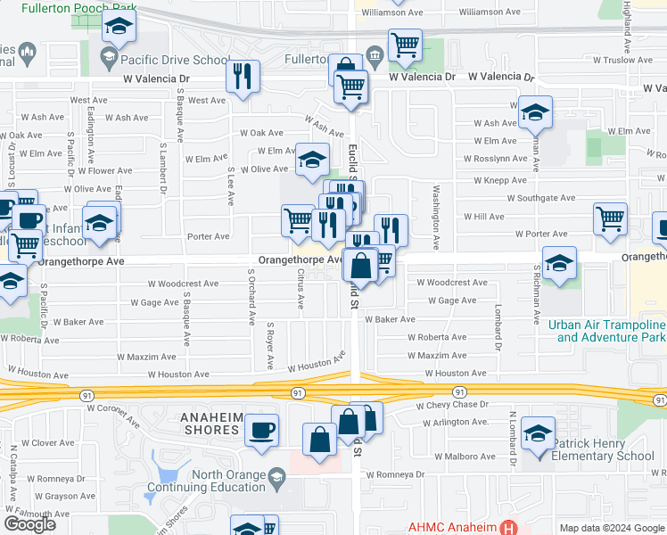 map of restaurants, bars, coffee shops, grocery stores, and more near 1020 Lime Tree Place in Fullerton